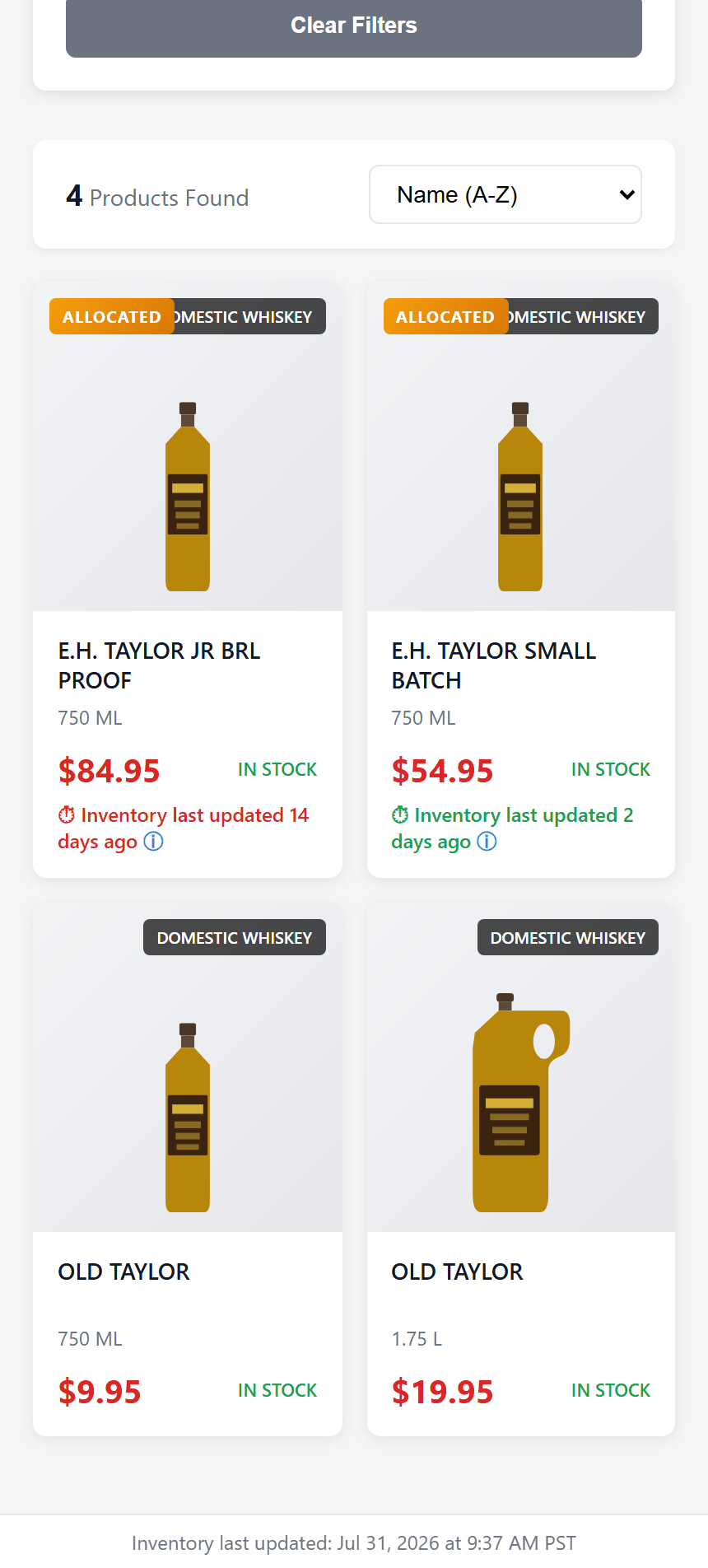 Inventory freshness indicator on an allocated bourbon listing in LiquorMapper