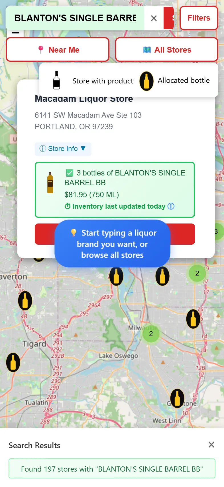 Gold allocated bottle pins on the LiquorMapper Oregon map