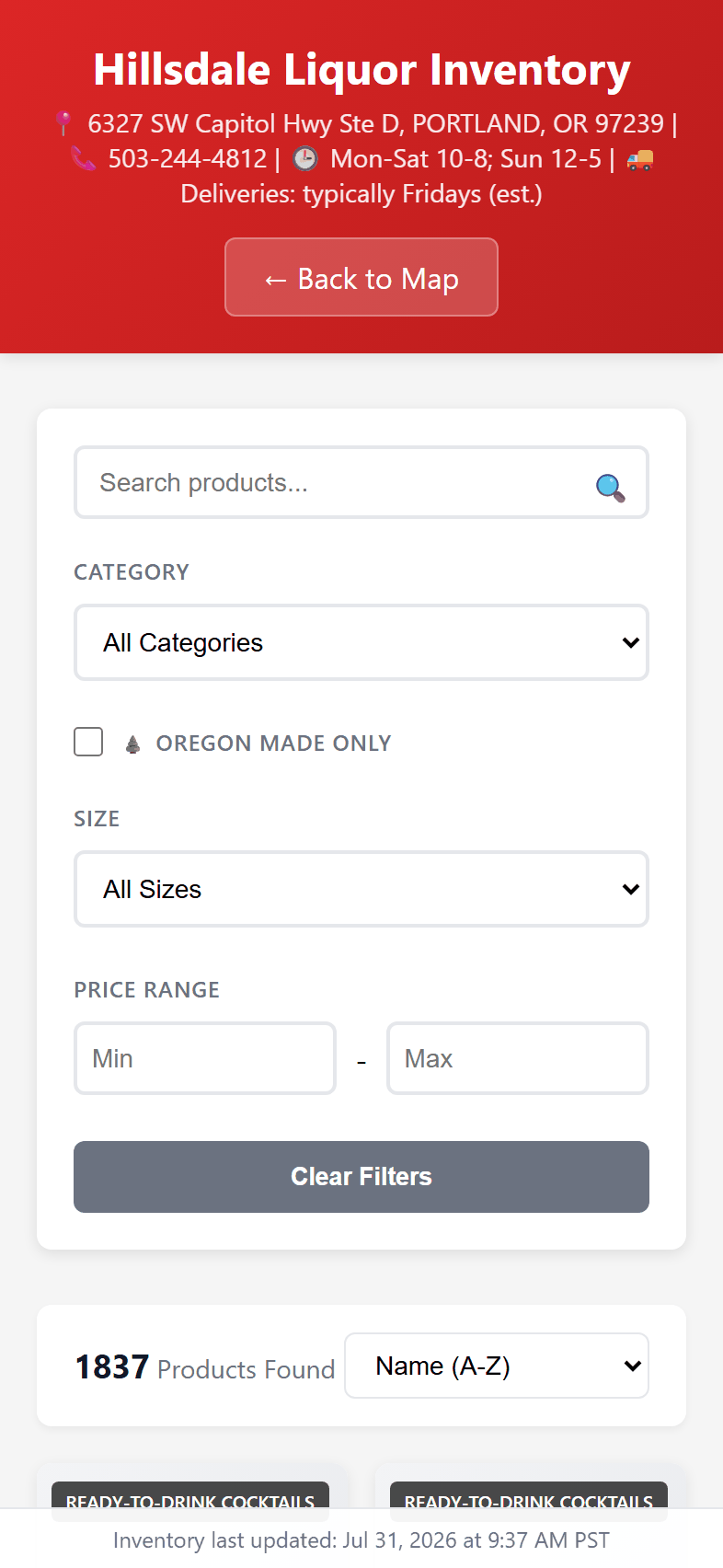Estimated delivery day shown on an Oregon liquor store page in LiquorMapper