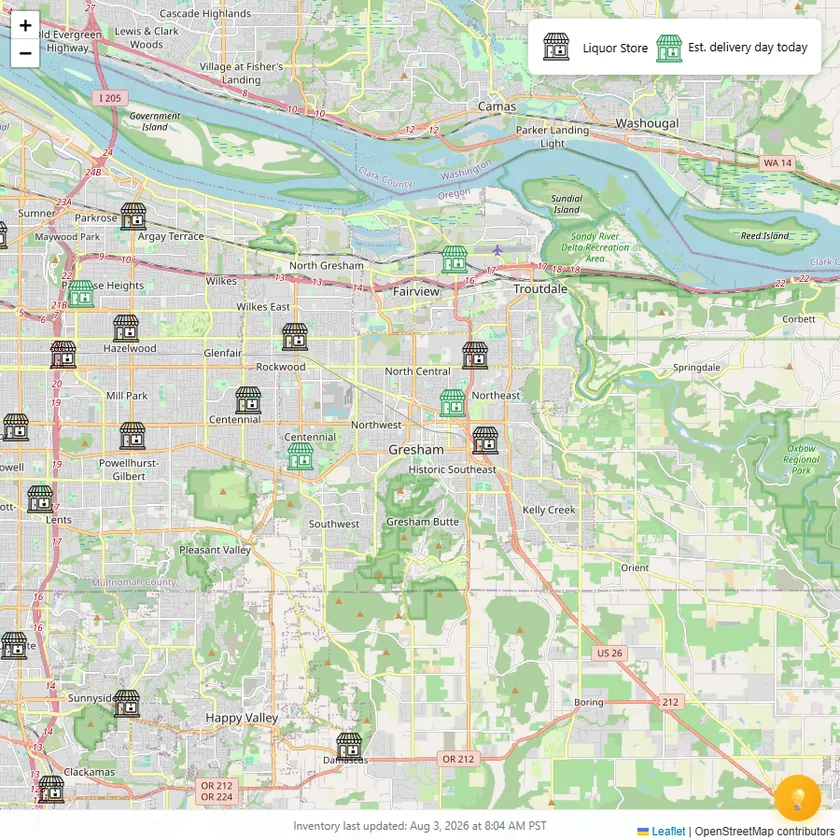 Map of liquor stores in Gresham and East Multnomah County on LiquorMapper