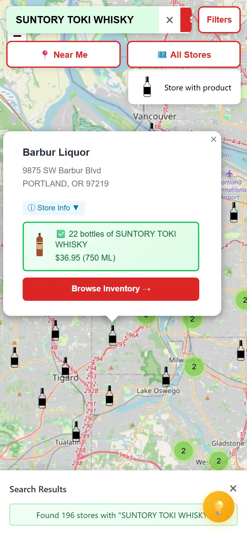 Map of Oregon stores carrying a Japanese whisky on LiquorMapper