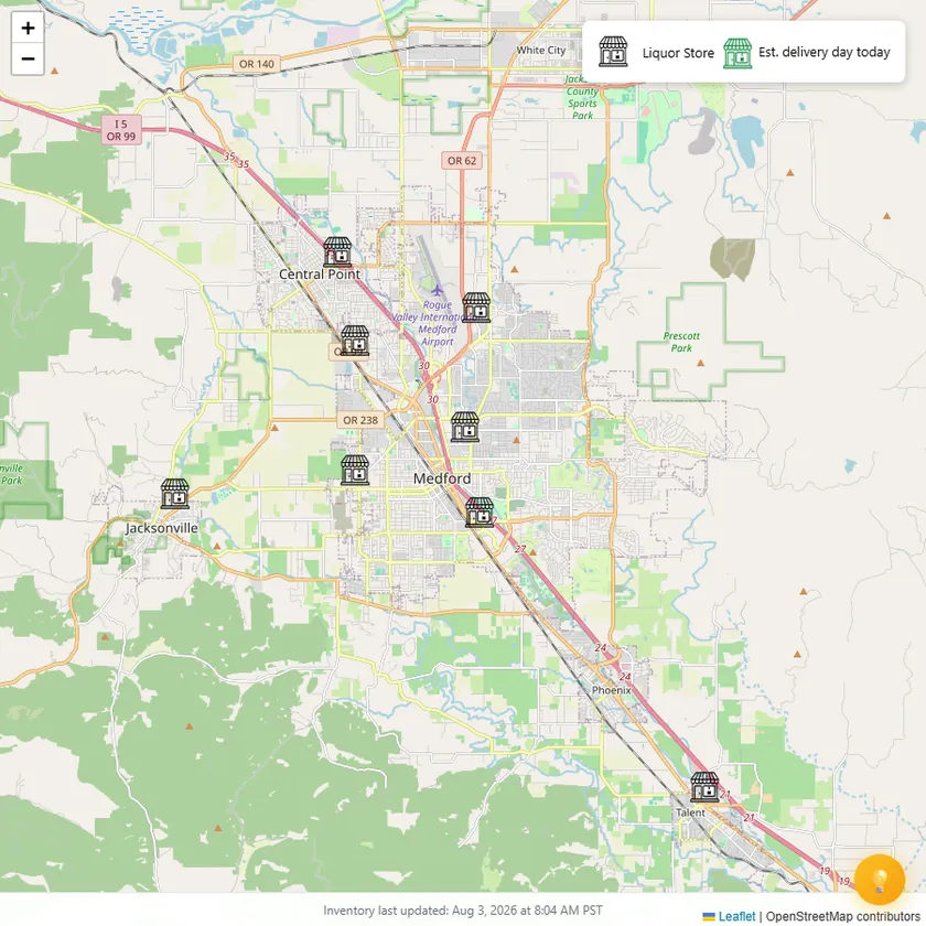 Map of liquor stores in Medford and the Rogue Valley on LiquorMapper
