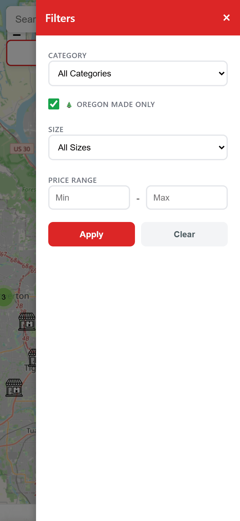 The Oregon Made Only filter toggle on the LiquorMapper mobile map