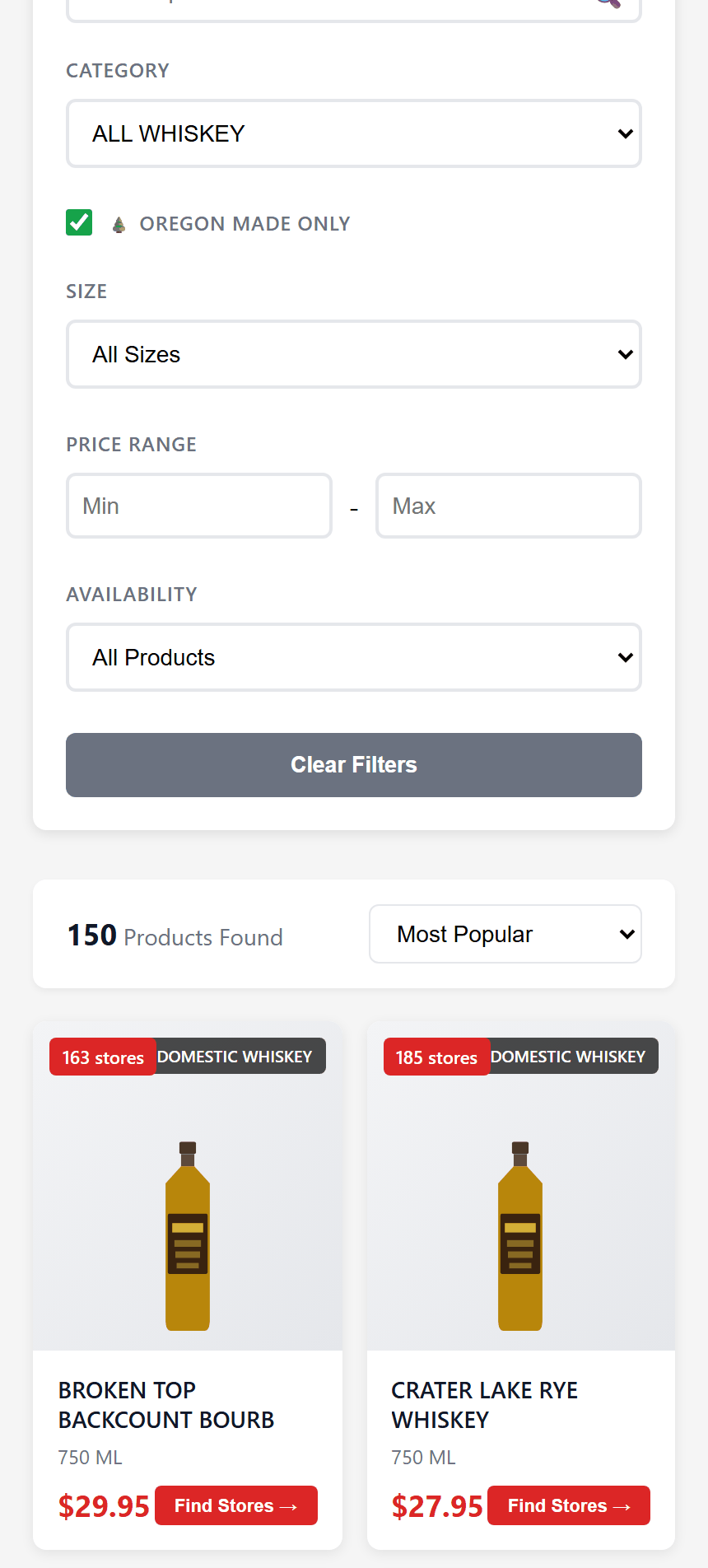 Combining the Whiskey category with the Oregon Made filter on LiquorMapper
