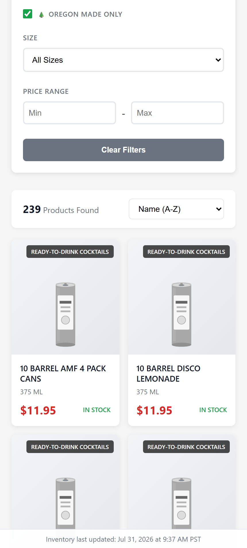 A store inventory page filtered to Oregon-made products on LiquorMapper