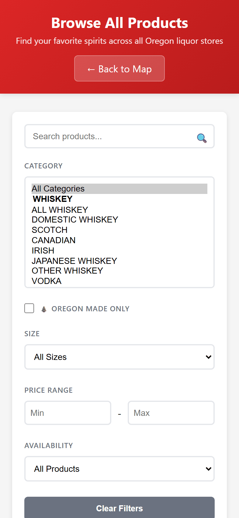 The whiskey category menu on LiquorMapper mobile showing all whiskey sub-styles